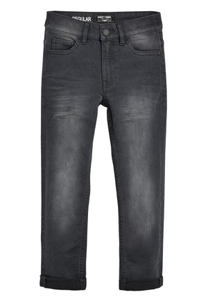 Jean noir délavé à jambes droites avec poignets retournés, bouton devant, fermeture éclair et design à cinq poches en coupe régulière.