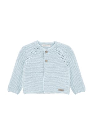 Cárdigan de punto azul claro con mangas largas, que presenta dos botones de madera y una pequeña etiqueta de marca en el dobladillo. Tejido texturizado, sin patrones.