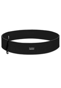 Black fitness belt made of textured fabric, featuring a logo in the center, a smooth interior, and an adjustable closure on one side.
