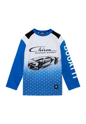 Camicia a maniche lunghe blu con accenti bianchi e neri. Presenta una grafica di una auto sportiva e un motivo geometrico, etichettata "Chiron Super Sport."