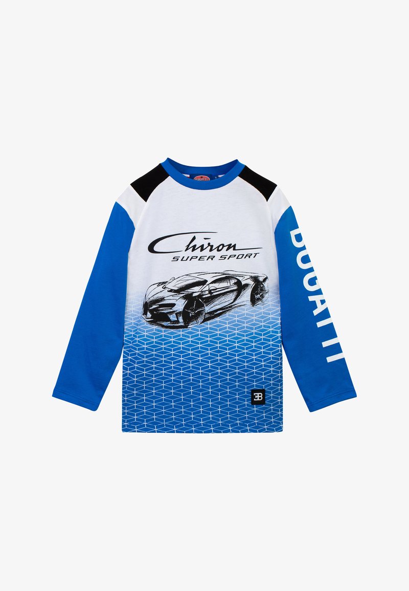Camicia a maniche lunghe blu con accenti bianchi e neri. Presenta una grafica di una auto sportiva e un motivo geometrico, etichettata "Chiron Super Sport."