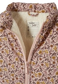 Floral patterned outdoor jacket in pink and yellow with a soft, fluffy interior. Features a front zipper and hood. Label included inside.