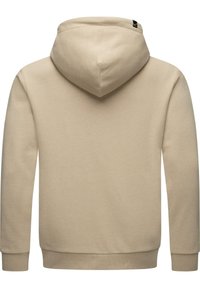Beige hoodie met een gladde textuur, voorzien van een kangoeroezak, geribde manchetten en een kap met trekkoord. Geen zichtbare patronen of accenten.