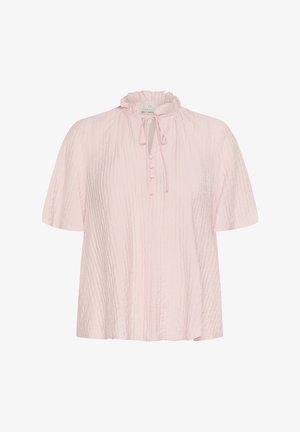 Ljusrosa blus med volangkrage, knytdetalj och knapplist. Tillverkad av texturerat tyg med korta, vida ärmar.