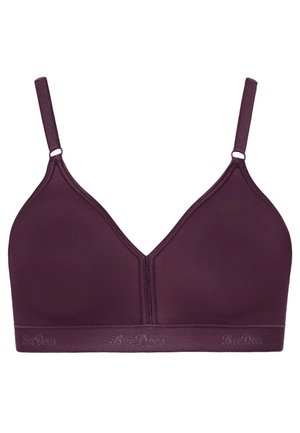 Purple wireless bra with a v-neck design, adjustable straps, and a soft elastic band. Smooth texture and no visible closures.