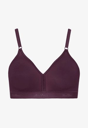 Purple wireless bra with a v-neck design, adjustable straps, and a soft elastic band. Smooth texture and no visible closures.
