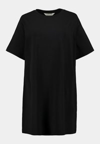 Black oversized t-shirt with a crew neck, short sleeves, made of smooth cotton fabric. Simple design, no patterns or accents.
