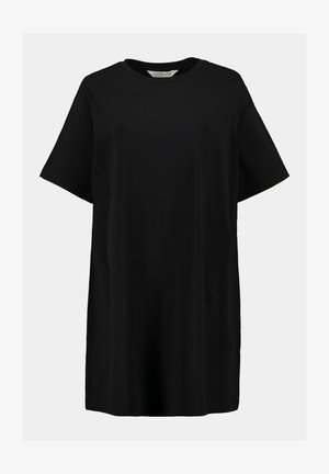 Schwarzes, übergroßes T-Shirt mit Rundhalsausschnitt und kurzen Ärmeln, aus glattem Baumwollstoff. Einfaches Design, keine Muster oder Akzente.