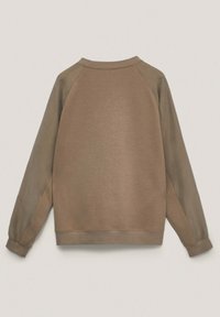 Brown sweatshirt with raglan sleeves, featuring a smooth texture and ribbed cuffs. Simple design with no visible logos or patterns.