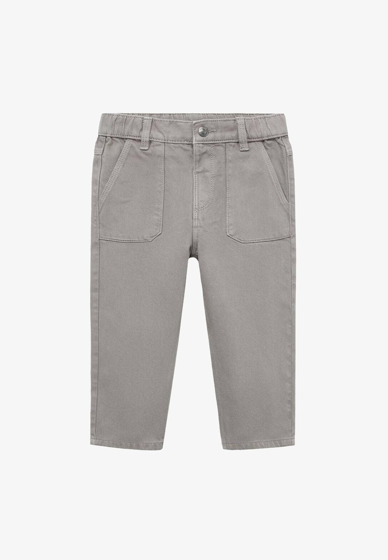 Šedé bavlněné kalhoty s rovnými nohavicemi, které mají dva přední kapsy a pas se smyčkami na opasek a knoflíkovým detailem.