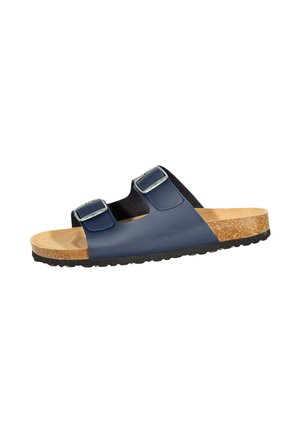 Navy blue two-strap sandal with adjustable buckles, cork footbed, tan insole, and black textured rubber sole.