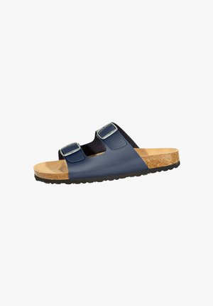 Marineblaue Sandale mit zwei Riemen, verstellbaren Schnallen, Kork-Fußbett, hellbraunem Fußbett und schwarzer, strukturierter Gummisohle.