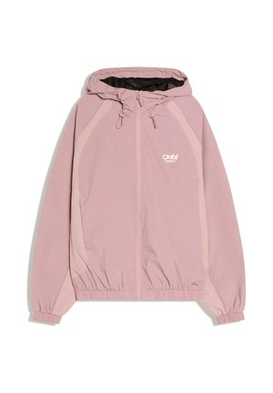 Svetloružová kapucňová bunda na zips s elastickými manžetami a lemom, bočnými panelmi a malým bielym logom na hrudi.