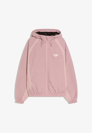 Giacca rosa chiaro con cappuccio e zip, polsini ed orlo elasticizzati, pannelli laterali e piccolo logo bianco sul petto.