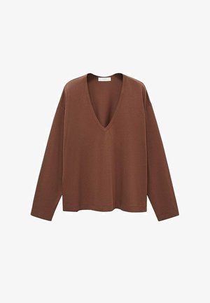 Hnedý dlhý rukáv s výstrihom do V, vyrobený z jemného materiálu. Má voľný strih a minimálne švy.
