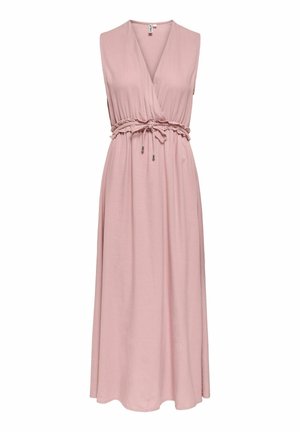 Robe maxi sans manches rose poudré avec col en V, taille cintrée avec lien tressé et jupe fluide.