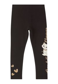 Czarne legginsy wykonane z mieszanki bawełny, z białym motywem kota oraz złotymi sercami na lewym nogawce, z wygodnym elastycznym pasem w talii.