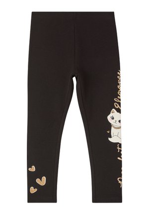 Leggings neri in misto cotone, con una grafica di un gatto bianco e cuori dorati sulla gamba sinistra, dotati di una comoda vita elastica.