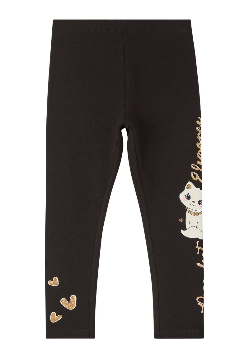 Czarne legginsy wykonane z mieszanki bawełny, z białym motywem kota oraz złotymi sercami na lewym nogawce, z wygodnym elastycznym pasem w talii.