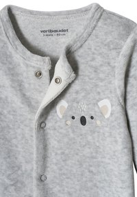 Hellgrauer Babybody für 3 Monate, 60 cm, mit Druckknöpfen und einem kleinen Koalagesichtdruck auf der Brust.