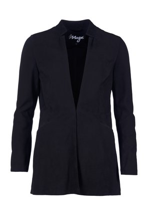 Sort langærmet blazer uden krave og med åbent foran. Fremstillet af et glat, blødt stof med to forlommer.