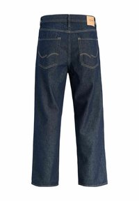 Dunkelblaue Jeans mit geradem Bein, von hinten gezeigt, mit zwei genähten Gesäßtaschen und einem beigefarbenen Markenetikett am Bund.