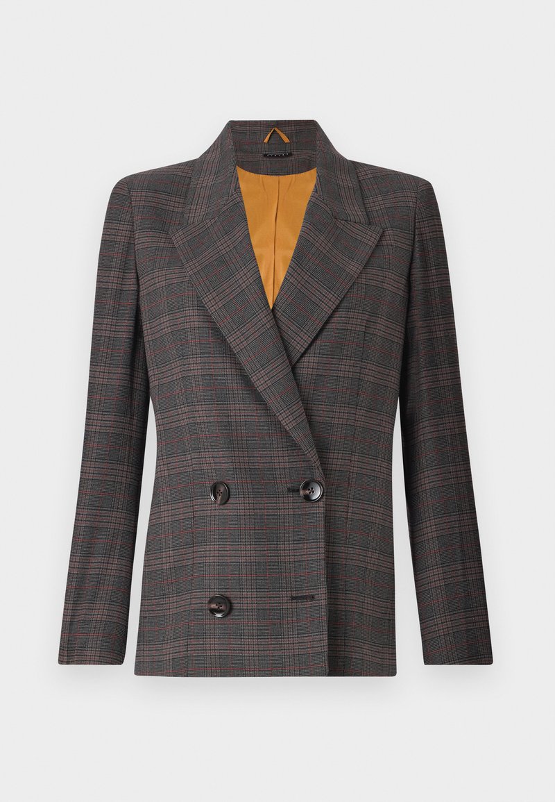 Blazer femme à double boutonnage avec un motif écossais gris foncé et rouge, grands revers, boutons noirs et doublure jaune moutarde.