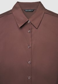 Brown long-sleeve blouse with a pointed collar, five front buttons, and a "Calliope" brand label in size small.