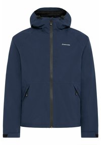 Navy blue vodoodporna jakna s kapuco, zadrgo, nastavljivimi vrvicami in dvema stranskima žepoma z zadrgo. Ima črne detajle.