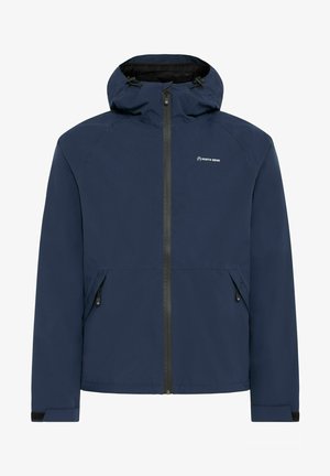 Marineblaue Jacke mit Kapuze, Frontreißverschluss, zwei Seitentaschen und verstellbaren Kordelzügen. Mit einem Logo auf der Brust und strukturiertem Stoff.