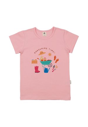 Pink short-sleeve shirt with gardening illustration including hat, sun, gloves, flowers, wheelbarrow, boots, watering can, and tools, text "Gardening Time!"
