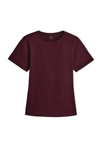 Jednostavni kratkosleeve majica s rundastim izrezom u tamnoburgundnoj boji, položena ravno na bijeloj pozadini.