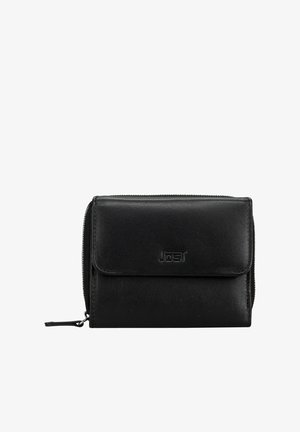 Schwarzes Lederportemonnaie mit einem Reißverschlussfach und einer vorderen Klappe, die mit dem Markennamen "Jost" geprägt ist.