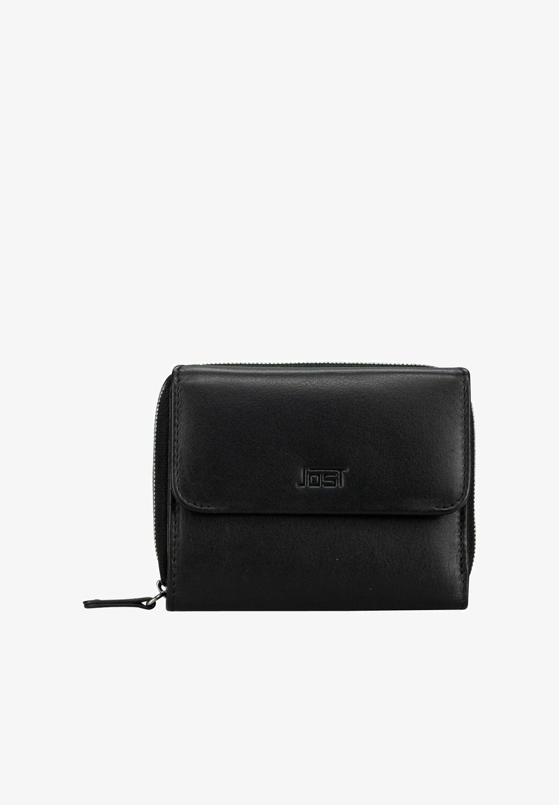 Portefeuille en cuir noir avec un compartiment zippé et un rabat avant embossé du nom de la marque "Jost".