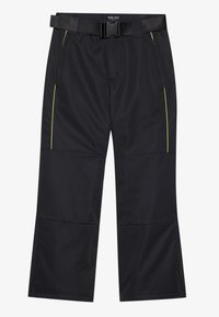 Pantalones negros hechos de material duradero con un diseño de pierna ancha, que cuentan con un cinturón negro, bolsillos laterales y costuras en neón verde que contrastan.