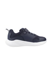 Scarpa sportiva blu navy con tomaia sintetica, dettagli in mesh e suola in gomma bianca. Presenta una fascia in Velcro e design della punta tonda.
