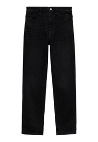Jean droit en denim noir avec bouton à l'avant et design à cinq poches, présenté à plat sur fond blanc.