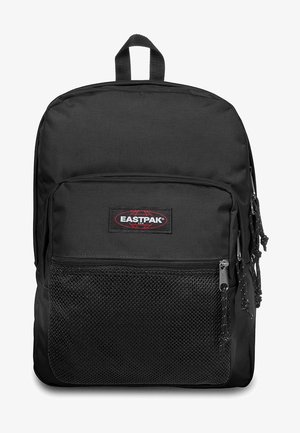 Musta Eastpak-reppu, joka on valmistettu kestävästä kankaasta. Repussa on etupuolen verkkotasku, suljetut vetoketjut ja yläkantokahva. Yksinkertainen muotoilu, käytännöllinen muoto.