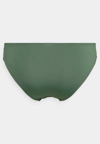 Dark green bikini bottom made from smooth fabric, featuring a simple design with clean lines and elastic waistband.