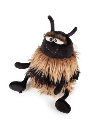 Plush bee toy with black face, antennae, large eyes, brown and black fuzzy body, and black arms and legs sitting against a white background.