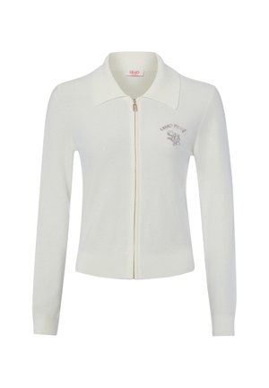 Witte cardigan met lange mouwen en ritssluiting, kraag, geribde boorden en zoom, met kleine geborduurde tekst en logo op de linkerborst.