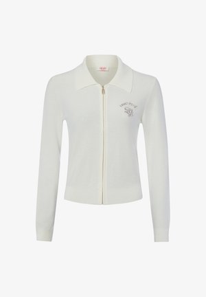 Cardigan blanc à manches longues zippé avec col, poignets et ourlet côtelés, avec un petit texte et logo brodés sur la poitrine gauche.