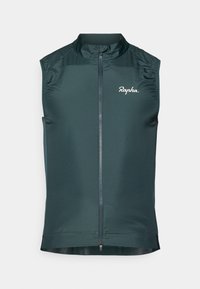 Bez piedurknēm tumši zaļš velosipēdu veste, kas izgatavota no viegla auduma, ar pilnu rāvējslēdzēju un Rapha logotipu uz krūts. Gluda tekstūra un pieguļoša forma.