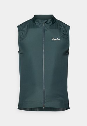 Sleeveless dark green cycling vest made from lightweight fabric, featuring a full zipper and Rapha logo on the chest. Smooth texture and fitted design.