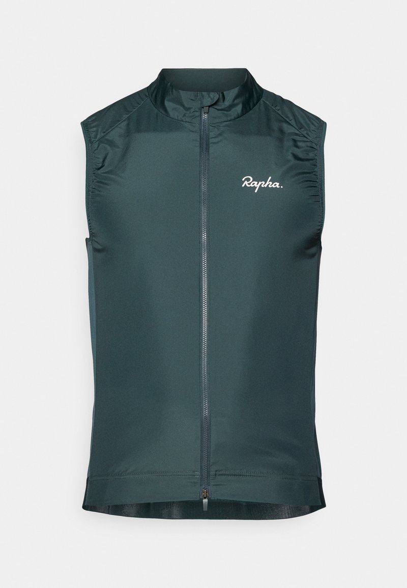 Gilet de cyclisme sans manches de couleur vert foncé, fabriqué en tissu léger, avec une fermeture éclair intégrale et le logo Rapha sur la poitrine. Texture lisse et design ajusté.