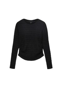 Zwarte langemouwen shirt van gestructureerde stof met een ronde halslijn en geplooide details bij de taille, met een licht gebogen onderkant.