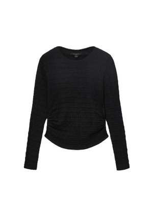 Chemise noire à manches longues en tissu texturé avec un col rond et des détails froncés à la taille, dotée d'un ourlet légèrement courbé.