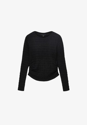 Sort langærmet skjorte lavet af tekstureret stof med rund halsudskæring og rynkedetaljer ved taljen, med en let buet sømkant.