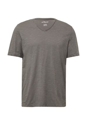 Graues kurzärmliges V-Ausschnitt-T-Shirt aus weichem, strukturiertem Stoff mit subtilen horizontalen Streifen. Verfügt über ein Etikett mit dem Markennamen im krageninneren.