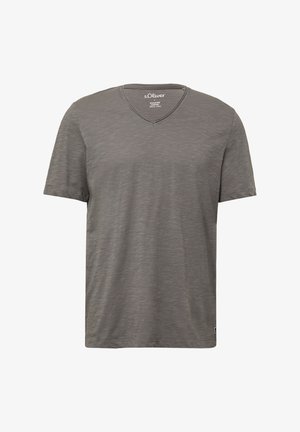 Graues kurzärmliges V-Ausschnitt-T-Shirt aus weichem, strukturiertem Stoff mit subtilen horizontalen Streifen. Verfügt über ein Etikett mit dem Markennamen im krageninneren.